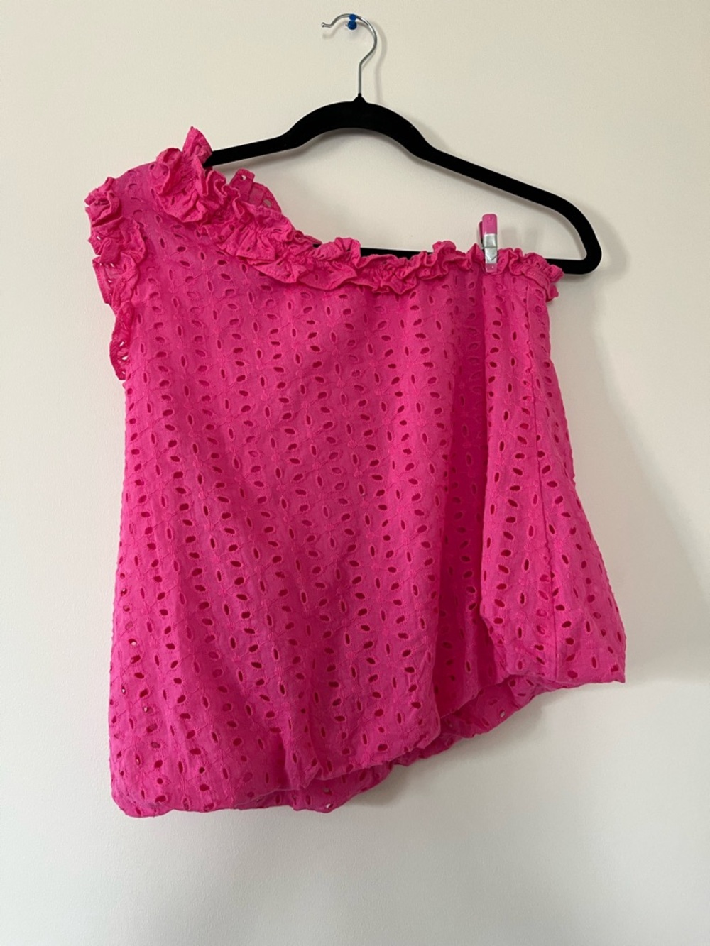 Hot Pink One Shoulder Eyelet Top Small Ruffle Trim Feminine 100% Cotton Summer